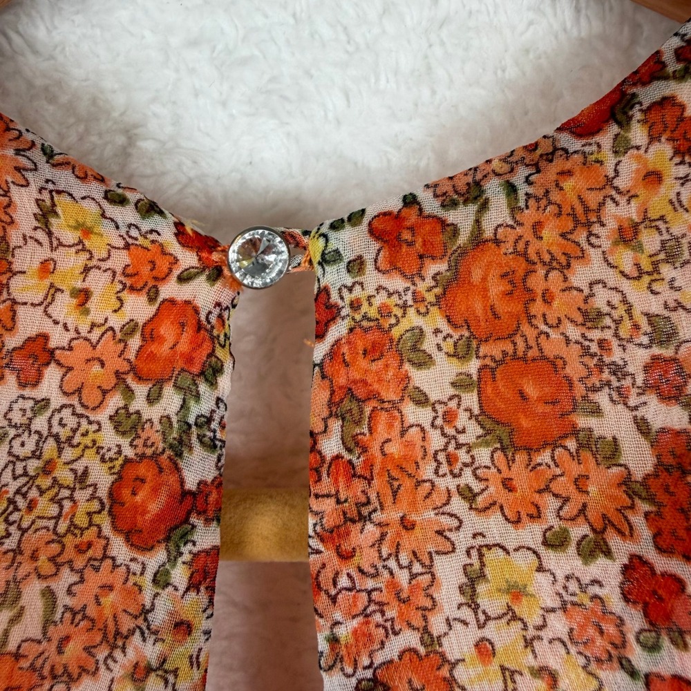 Banana USA Mini Dress‎ Womens Large Orange Floral Ruffle Racerback Boho Festival - Picture 9 of 10